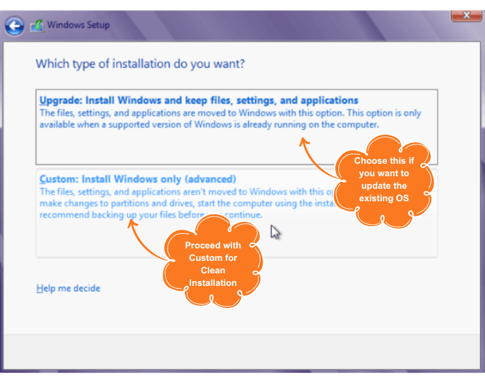 Type of Installation Windows