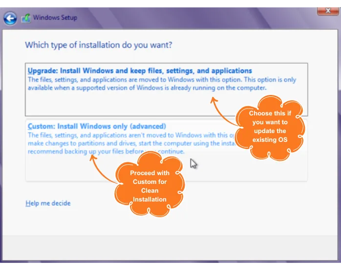Type of Installation Windows