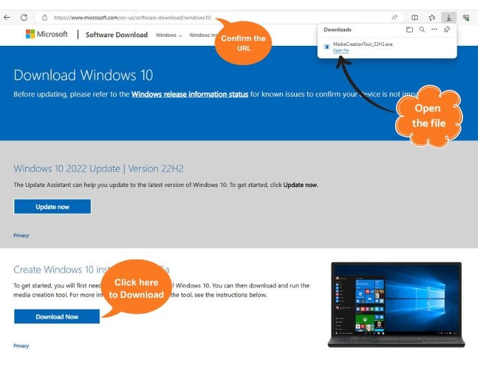 Windows 10 Media Creation tool Download page.