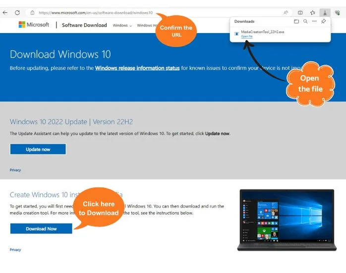 Windows 10 Media Creation tool Download page.