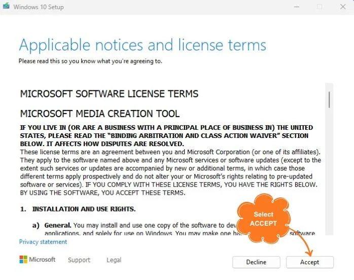 Windows 10 Setup, Terms and Conditions page.