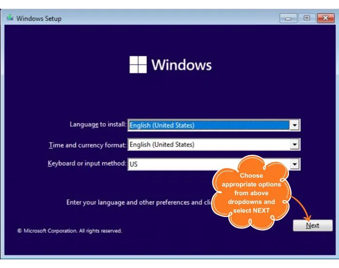 Select Language to Install, Time and Currency, Keyboard or Input Method. and click the button Next.