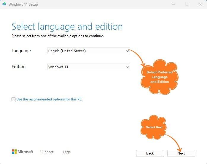 Select Language, Edition of Windows 11 and move to the next page button.