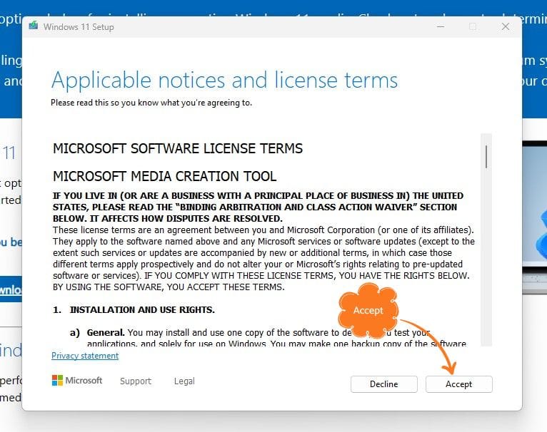 A snip showing terms and conditions and a bubble saying to click Accept 