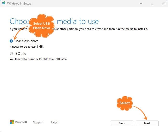 Choose the USB flash drive and click next.