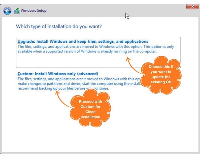 Select Upgrade or Choose Custom: Install Windows only (advanced) Installation of Windows 11 
